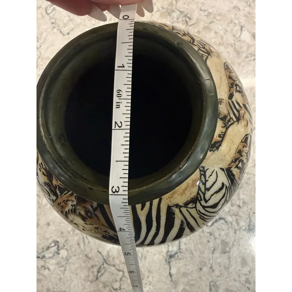 Vintage Porcelain Art Pottery Vase Safari Animal Print Brown Black 9